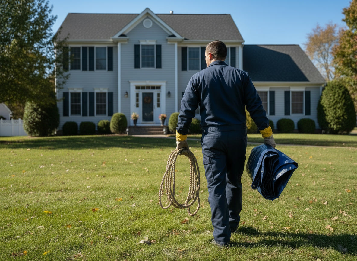 Technician walking across a suburban yard carrying a rolled tarp and coiled rope