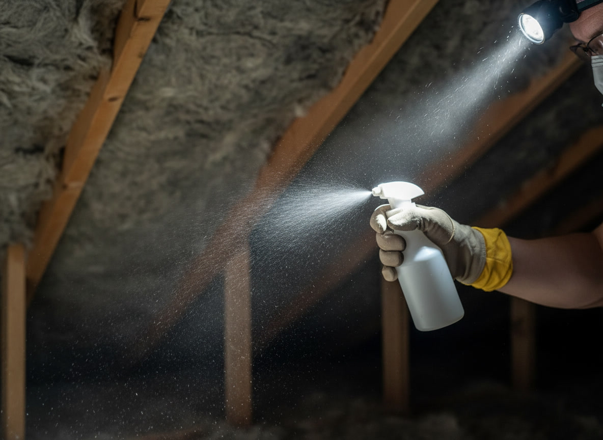 Gloved hand spraying odor-neutralizing treatment inside an attic space