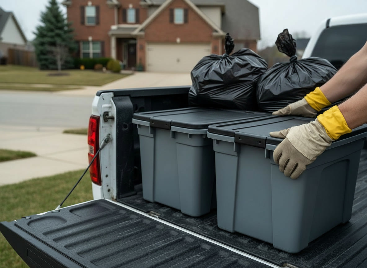 Sealed plastic storage bins and bags loaded into a truck bed for transport