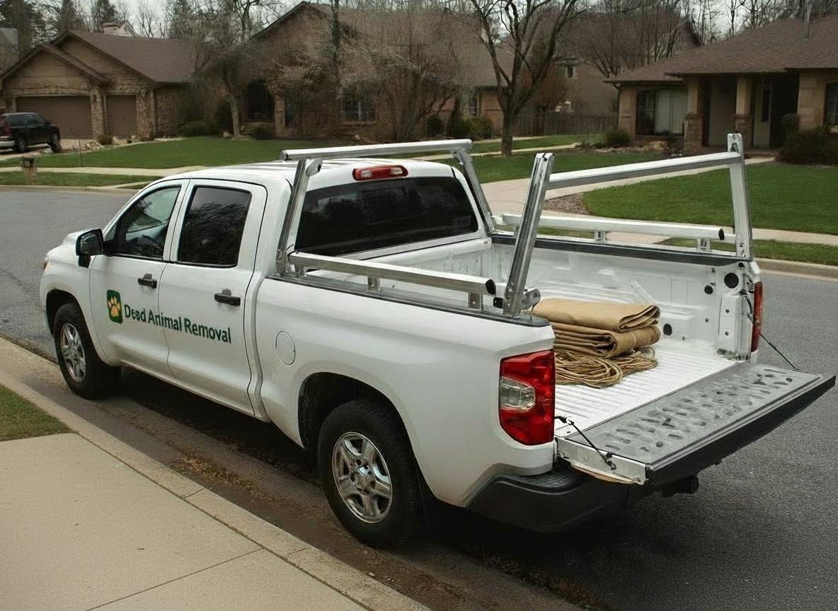 White pickup truck branded "Dead Animal Removal" with a ladder rack and recovery equipment in the bed, parked in a suburban driveway